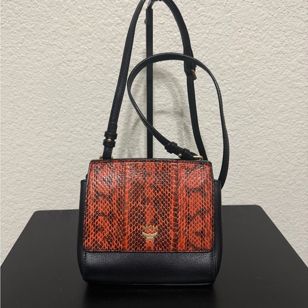 MCM Black Crossbody with Orange Snakeskin Panel